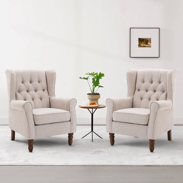 MALOL Modern Living Room Accent Chair Set of 2, Button Tufted Wingback with Thick Padded Seat, Upholstered Armchair, Fabric Sofa Arm Chair with Solid Wood Legs, Beige
