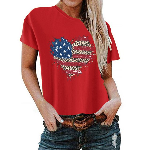 Birdeem T-Shirt pour Femmes d'Été Décontracté Ample Imprimé Fête de l'Indépendance à Col Rond à Manches Courtes