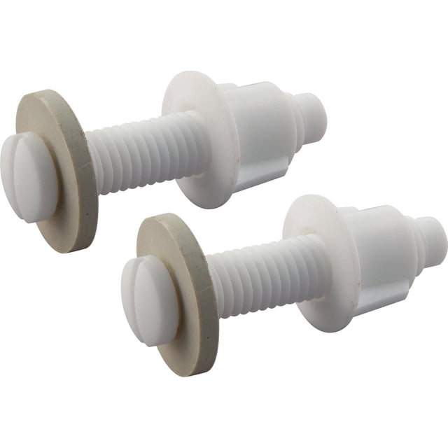 Peerless Toilet Seat Hinge Bolt Set featuring two white plastic bolts with threaded shafts, nuts, and washers, each 1/2-inch diameter by 2-1/4-inch length, designed for securing toilet seats in hardware and fasteners applications.