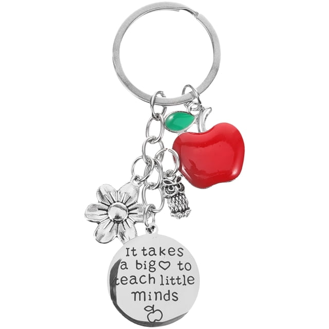 MasteelfCA Porte-clés pour Enseignant avec un design en Acier Inoxydable avec Plusieurs Pendentifs, Incluant une Pomme Rouge, une Fleur Argentée, un Hibou et une Feuille Verte. le Pendentif Rond Est Gravé de la phrase « Il Faut un Grand Cœur pour Enseigner aux Petits Esprits. » Convient comme Cadeau d'Appréciation pour Enseignant Ou Accessoire Décoratif pour Clés, Sacs Ou Sacs à Dos.