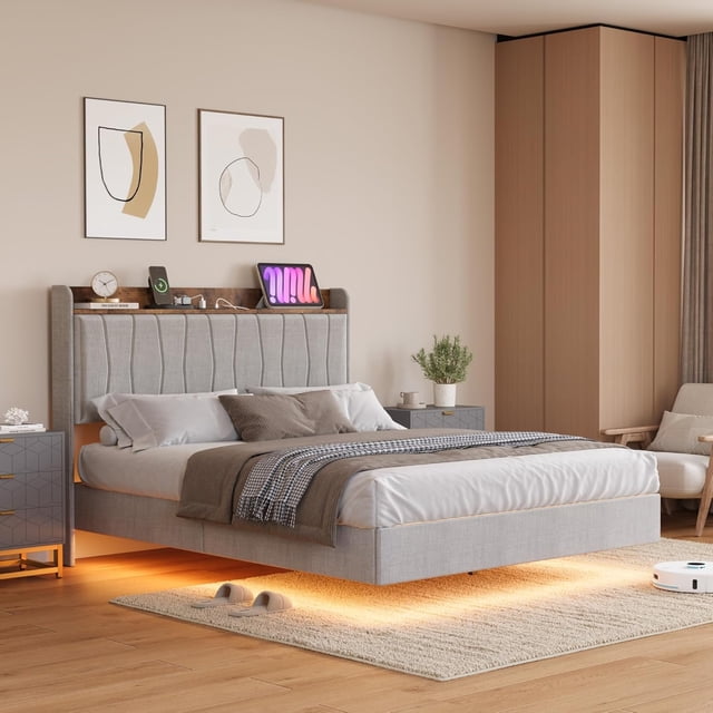 Bingirl Full - Sized Floating Bed Frame: LED Lights, Charging Station, Upholstered Platform Bed, No Box - Spring Needed, Noise - Free (Grey)