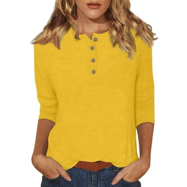 DENGDENG Womens 3/4 Sleeve Tunics and Long Shirts Button Down Summer Tops Elbow Sleeve Casual Crew Neck Tshirts Petite Three Quarter Length Blouses Work Boho Pullover Yellow XL