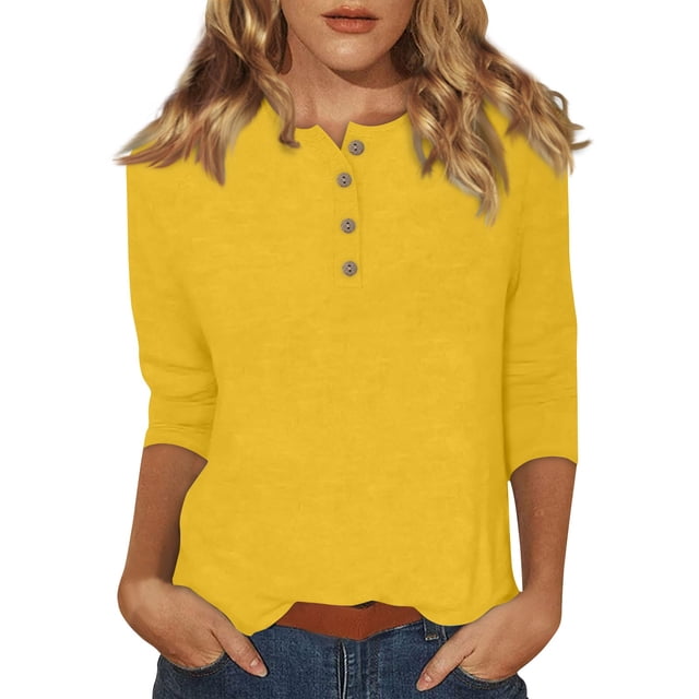 DENGDENG 3/4 Sleeve Plus Size Tops for Women Casual Button Down Basic Tees Elbow Sleeve Crew Neck Summer Shirts Solid Color Three Quarter Length Blouses Fashion 2025 Clothes Yellow XL