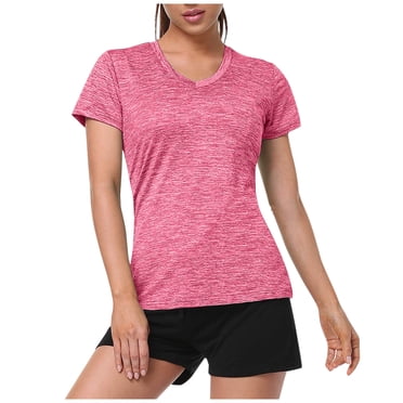 Moisture-Wicking V Neck Workout Shirt Women's Quick Dry Athletic Top for Gym Running, Yoga Essential Breathable Sportswear with Side Vents (160字符), Pink Women V Neck Short Sleeve Moisture Wicking