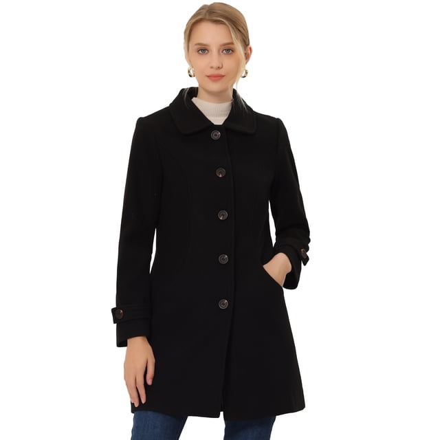 INSPIRE CHIC Manteaux Caban Trench d'Hiver pour Femmes à Col Peter Pan en Noir, avec un design à Simple Boutonnage avec Fermeture à Boutons, Deux Poches Appliquées et un Col Rabattu. le Manteau a une silhouette Trapèze avec Manches raglan et Est Entièrement Doublé pour Plus de Chaleur. Style avec jeans Bleus et Col Roulé Blanc, Convient au Magasinage, aux Affaires Ou aux Rassemblements en Plein Air par Temps Froid.
