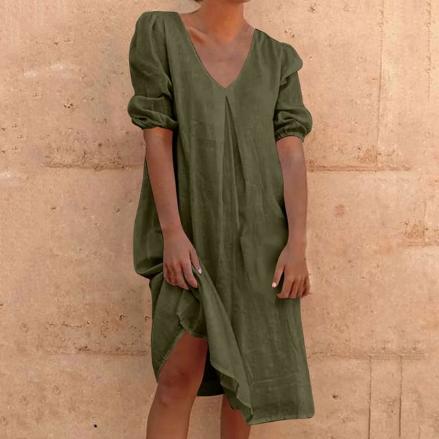 Liquidation d'Été 2025! Robe pour Femme Grande Taille, Liquidation de Robes d'Été pour Femmes, Combinaison d'Été pour Femme en Coton et Lin à Manches Courtes, Col en V, Manches Courtes, Jupe Longue