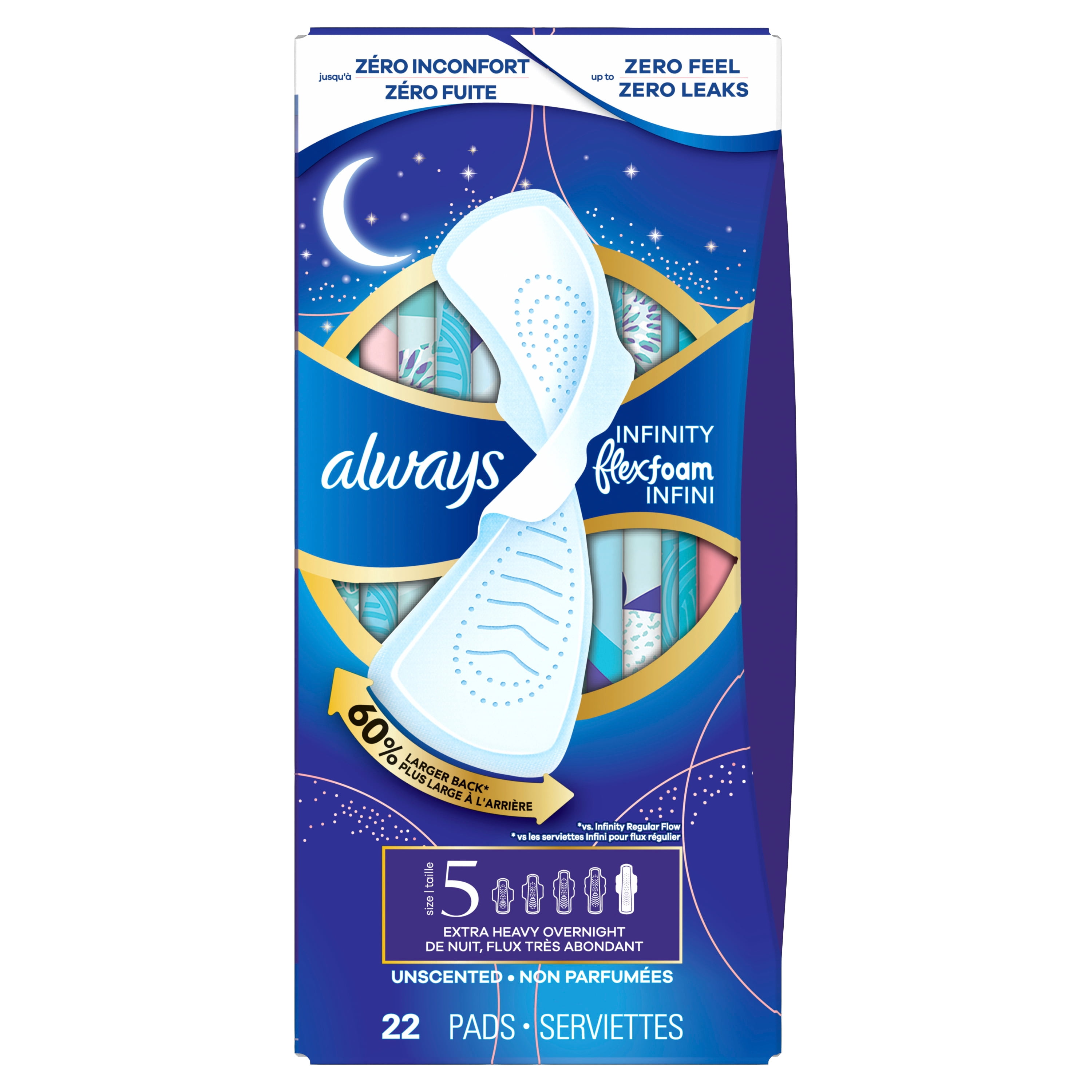 Serviettes Always Infini FlexFoam pour femmes, taille 5, de nuit, flux très abondant, avec ailes, sans parfum, 22 serviettes