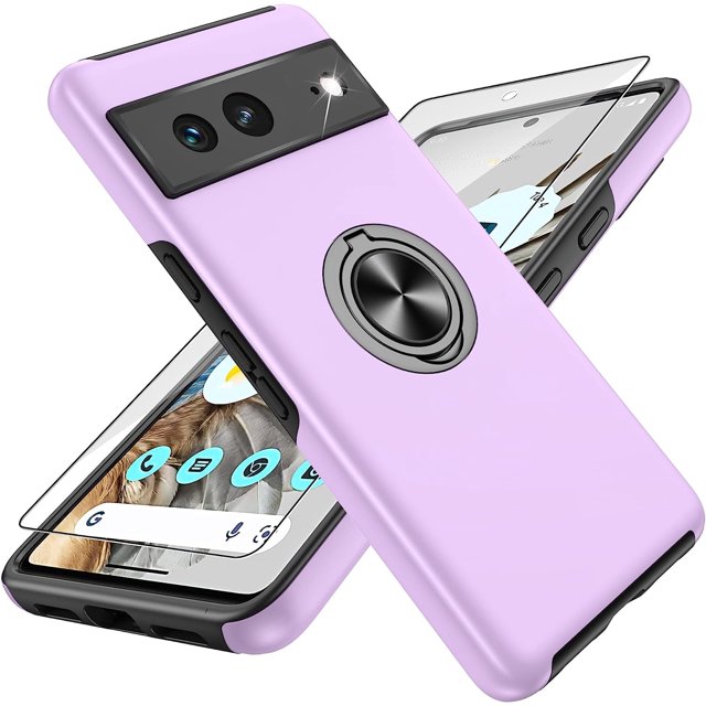 KOMI Pixel 7 Case, Google Pixel 7 Case with HD Screen Protector, Shockproof Google Pixel 7 Phone Case with 360° Magnetic Ring Holder Kickstand Phone Case for Google Pixel 7 Purple