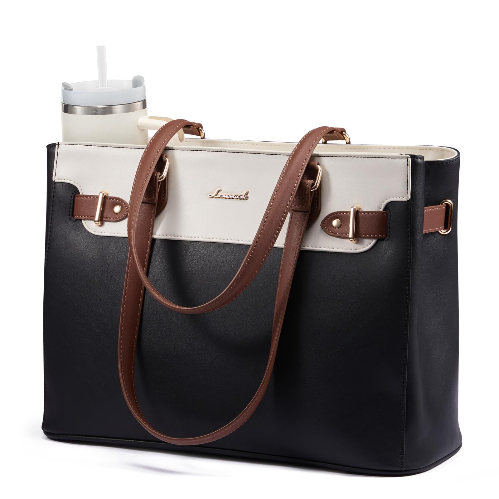 LOVEVOOK Laptop Tote Bag for Women Work, Teacher Tote Bag Nurse Bag with Large Cup Holder, 17.3 Inch Waterproof Leather Computer Bag Professional Bus