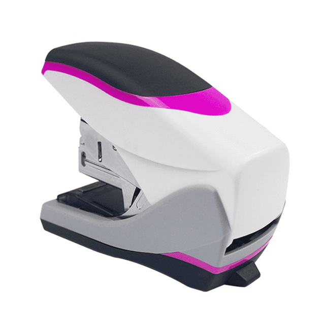 Half bar desktop stapler with a 40-sheet capacity and low force operation, featuring a compact size. The stapler has a durable metal construction with special inner rails for jam-proof binding. Designed for desktop use, it holds a full bar of 210 staples and includes a low-staple indicator. The ergonomic, lightweight design ensures comfortable use. The stapler can also produce pointed staples for temporary binding by reversing the anvil. The stapler is white with black and pink accents.
