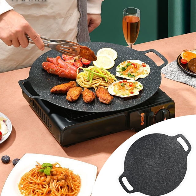 Poêle-gril BBQ d'Extérieur, Plaque de Cuisson BBQ Coréenne avec Doubles Poignées, Poêle à Frire Circulaire Antiadhésive à Plaque Ronde pour Barbecue, Poêles et Grillades Polyvalentes pour la Cuisson Intérieure et Extérieure, Surface de Cuisson Électrique