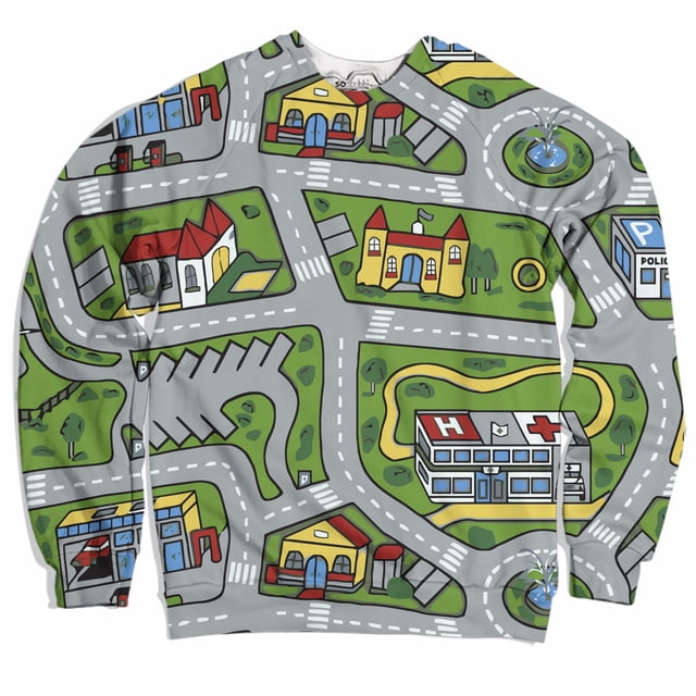 Toy Car Mat Long Sleeve Graphic Sweatshirt by SoScribbly, featuring a vibrant all-over print of a toy car mat design with roads, buildings, and greenery on a grey background. This unisex crewneck sweater has a regular fit, ribbed cuffs, and a soft poly-blend fabric. Available in sizes up to 4XL.
