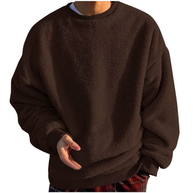 QIPOPIQ Chandail Sherpa Duveteux pour Hommes à Manches Longues, Col Rond, Chandail Molletonné, Confortable, Basique, Unisexe, Automne Hiver, Hauts Chauds, Liquidation