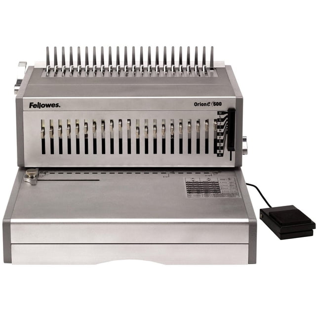 Orion™ E 500 Electric Comb Binding Machine with heavy-duty metal build, 21 releasable dies for punching up to 30 sheets, adjustable punch depth and edge guide, and a black foot pedal for easy operation, designed to bind documents up to 500 sheets with a 2-inch comb, suitable for high-volume office binding tasks.