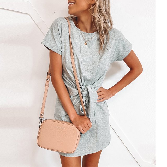 Gspmoly Robes d'Été, Robe Décontractée pour Femmes à la Mode Colorée à Col Rond avec Lien à Manches Courtes, Robes de Soirée pour Femmes en Liquidation