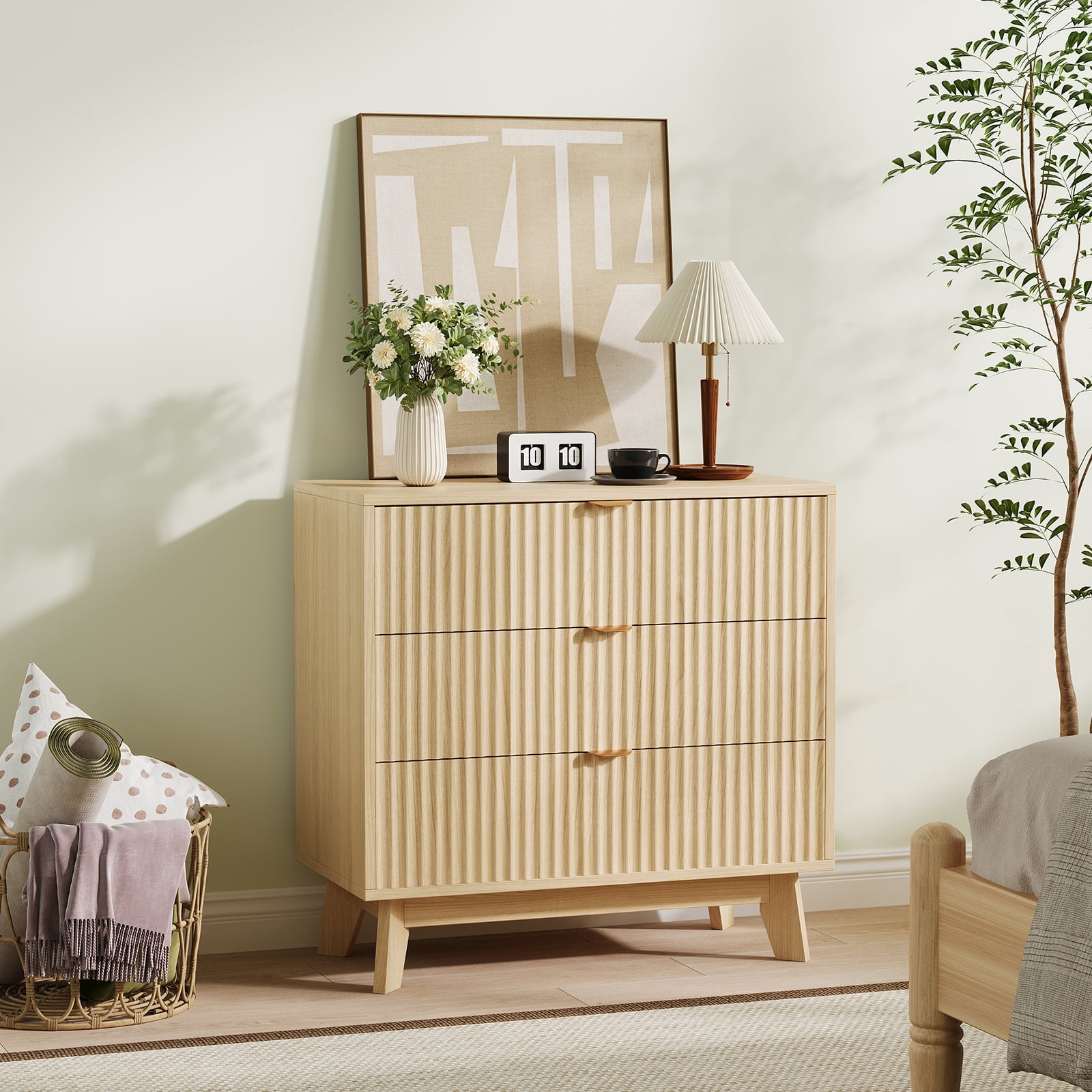 3 Drawer Dressers, Modern Fluted Closet Dressers Chest of Drawers, Wood Storage Dresser Chest of Drawers Organizer for Bedroom Living Room, Hallway, Natural Oak