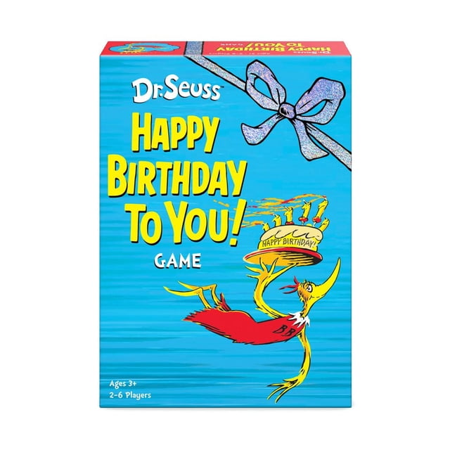 Funko Dr. Seuss Happy Birthday To You! Board Game box with blue background and glittery silver bow, featuring the Birthday Bird holding a birthday cake with lit candles, for 2-6 players aged 3 and up, ideal for family birthday celebrations.