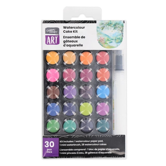 UNIQUE CREATIV ART Ensemble de Gâteaux à l'Aquarelle avec 28 Gâteaux à l'Aquarelle dans un Plateau Noir, un Pinceau à l'Aquarelle Rechargeable et un Petit Bloc-Notes à l'Aquarelle, Emballé dans un Étui en Plastique Transparent avec Texte Bilingue Anglais et Français, Convient aux Voyages, à la Classe d'ART et aux Amateurs.