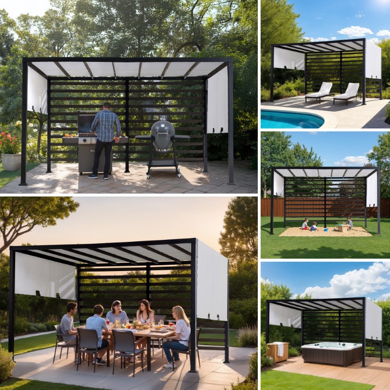 Sunjoy Pergola de jardin métallique moderne 10 x 12 pi avec toit réglable blanc et mur de confidentialité.