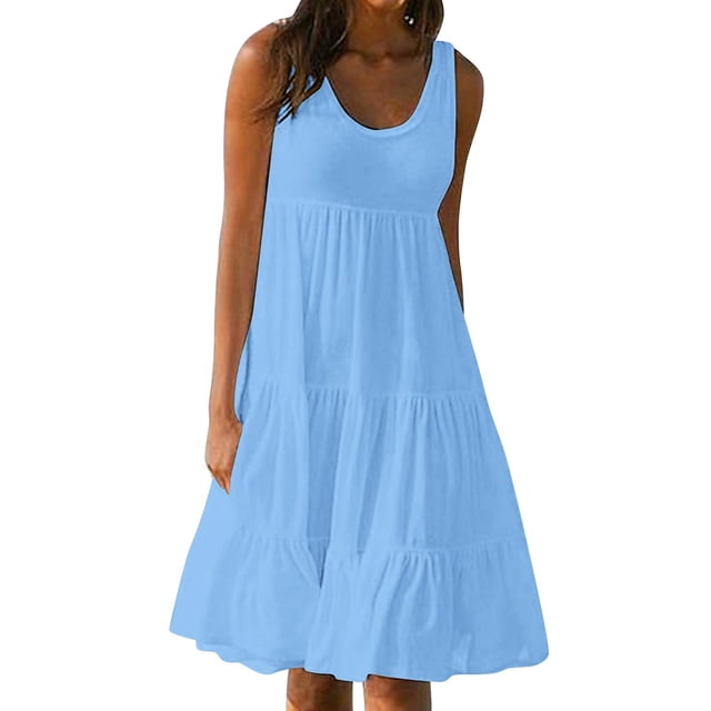 Yuyuzo Robes d'Été pour Femmes Robe Décontractée d'Été pour Femmes Sans Manches à Col Rond Tunique Ample Robe Débardeur Robe Bohème de Plage pour les Vacances