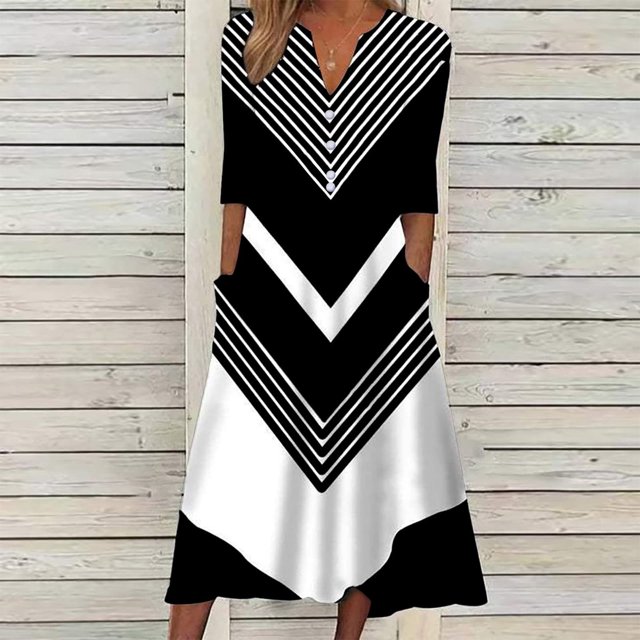 Pisexur Robe à Manches Courtes à Col en V Longueur Genou Mode Femmes Été Imprimé Décontracté Col en V Bouton Manches Courtes Vacances Poches Robe Femmes Robe