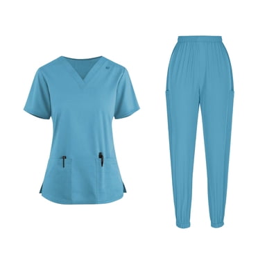 Yanlir Nurse Clothes Sets for Women's Solid Color V-Neck Pocket Tops with Elastic Waist Long Pants Dry Cleaning Hand Clothes Suit(Light Blue,XL)