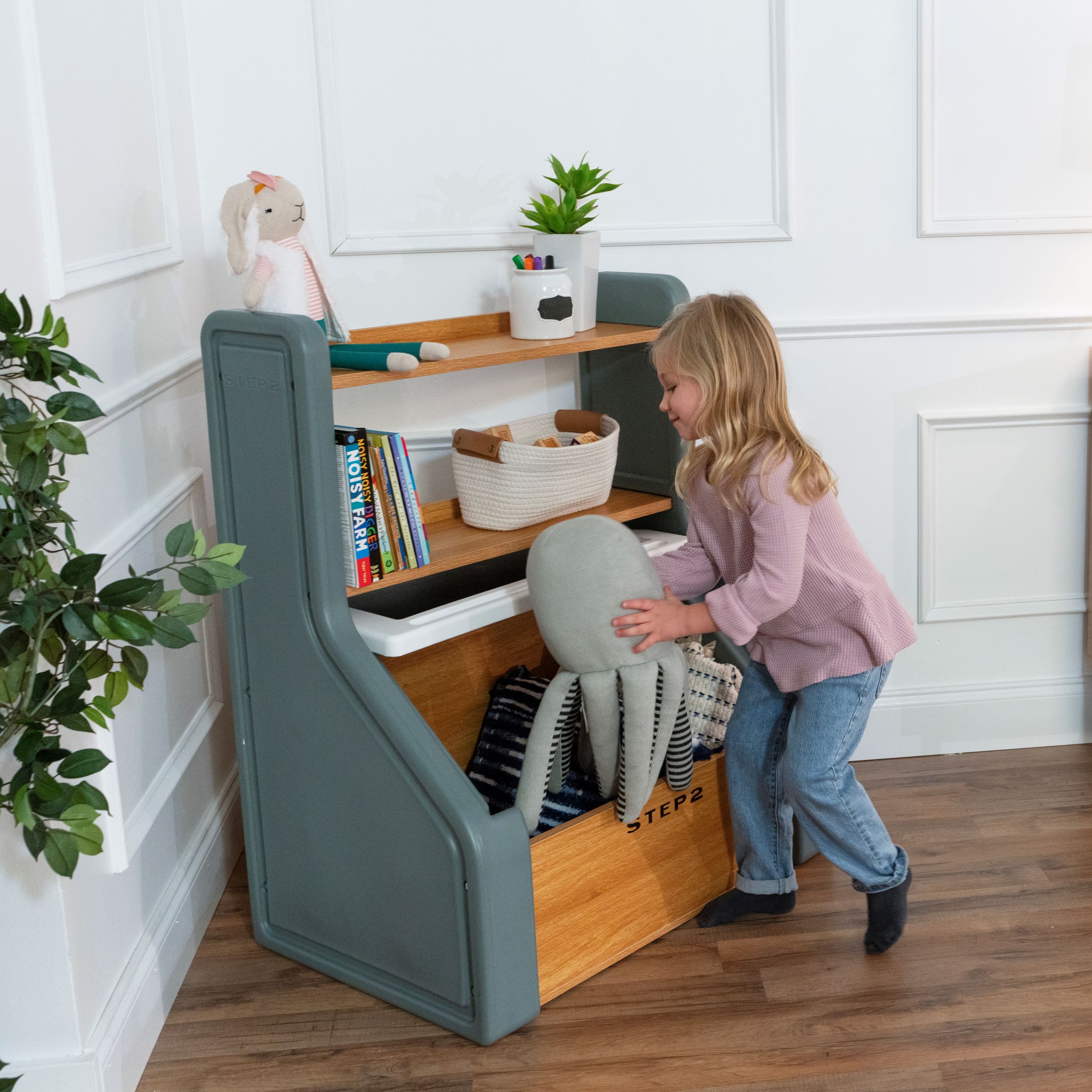 Step2 Harmony – Coffre à jouets avec couvercle-tableau, organisateur de jouets pour tout-petits et enfants (dès 2 ans) – Gris sauge