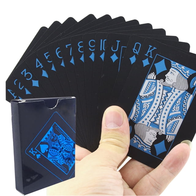 Zootealy Poker Cards Set featuring waterproof plastic playing cards in a sleek black design with blue accents. The cards are made of durable PVC material, offering flexibility and resistance to scratches or creases. The set includes 54 cards, with 52 standard playing cards and 2 Joker cards. Ideal for magic tricks, water card games, home parties, or travel. The compact packaging measures 9 x 6.5 x 1.9 cm.