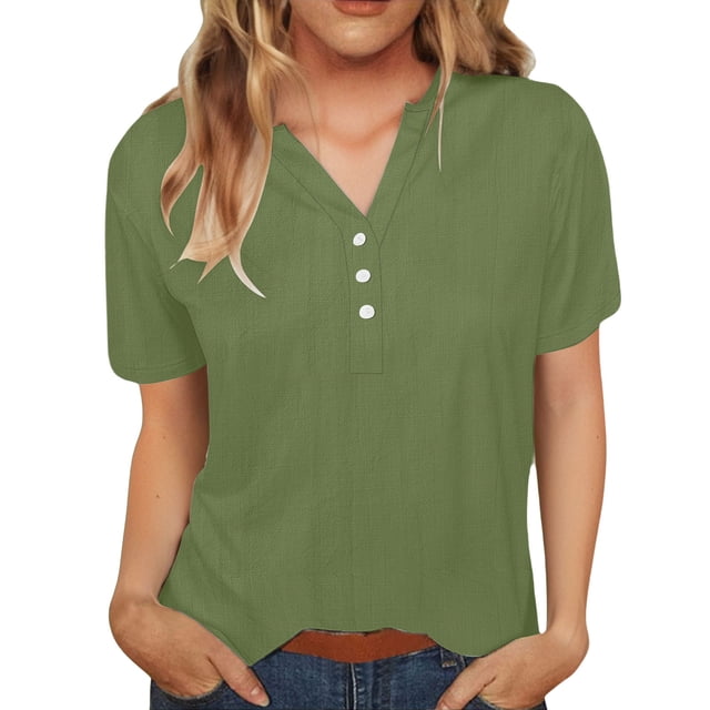 Plebaso Hauts pour Femmes en Coton et Lin, Chemises Légères à Boutons à Col en V, Manches Courtes, Décontractées, Unies, Amples