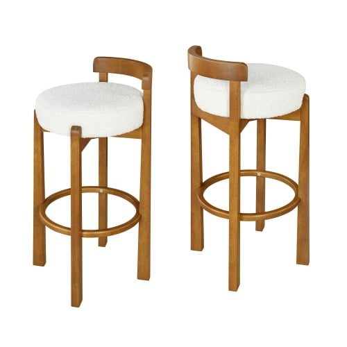 Set of 2 Modern Round Bar Stools, Rubber Wood Frame with Walnut Finish, White Sherpa Upholstered Cushion, Ergonomic Curved Backrest, Non-Swivel Counter Height Bar Stools for Kitchen Island