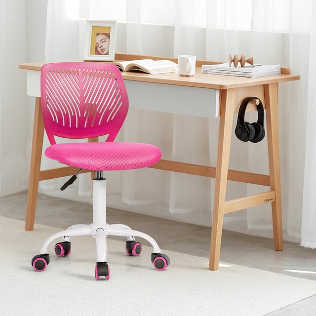 Giantex Swivel Office Desk Chair, a compact armless task chair with a hollow-out pink backrest and upholstered mesh seat, featuring a sturdy white base with 360-degree swivel casters. Height adjustable and ergonomic, ideal for study rooms, offices, or kids' rooms. Positioned in front of a wooden desk in a bright study space.