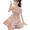 thumbnail image 1 of Robes Décontractées pour Filles Enfants Été à Fleurs Épaules Dénudées à Volants Manches Courtes Ligne A Midi Robe d'Été Manteau, Rouge, 5-6 Ans, 1 of 9