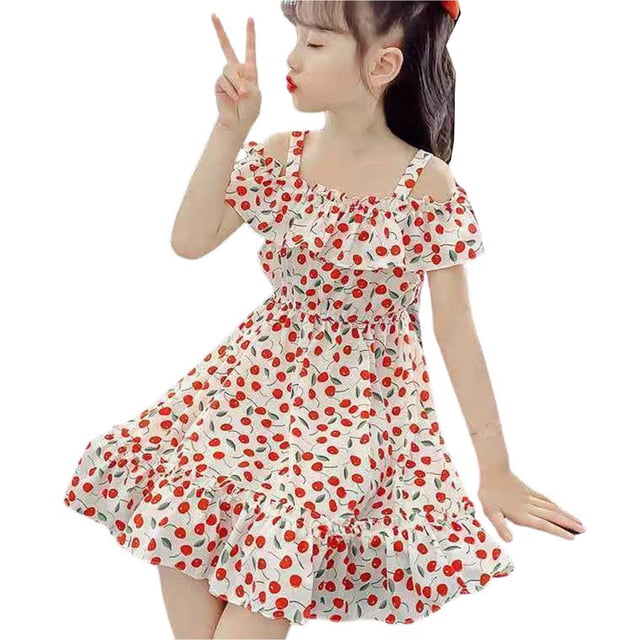 Robes Décontractées pour Filles Enfants Été à Fleurs Épaules Dénudées à Volants Manches Courtes Ligne A Midi Robe d'Été Manteau, Rouge, 5-6 Ans