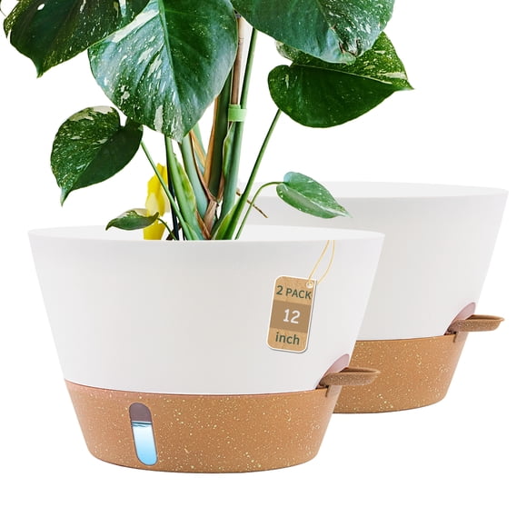 FIASON 2 Pack 12 Inch White & Brown Self-Watering Large Plant Pots, Durable Plastic Indoor Outdoor Flower Planters with Drainage Holes and Removable Saucer for Home, Patio, Garden and Daily Decor