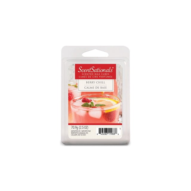 ScentSationals Scented Wax Cubes - Berry Chill in a clear plastic clamshell package with six white wax cubes. The label shows a berry-infused iced drink with lemon and mint, representing the berry chill fragrance. Weighing 70.9g (2.5 oz), these wax melts are designed for electric warmers to release a soothing, highly fragrant aroma ideal for home fragrance and custom scent blending.