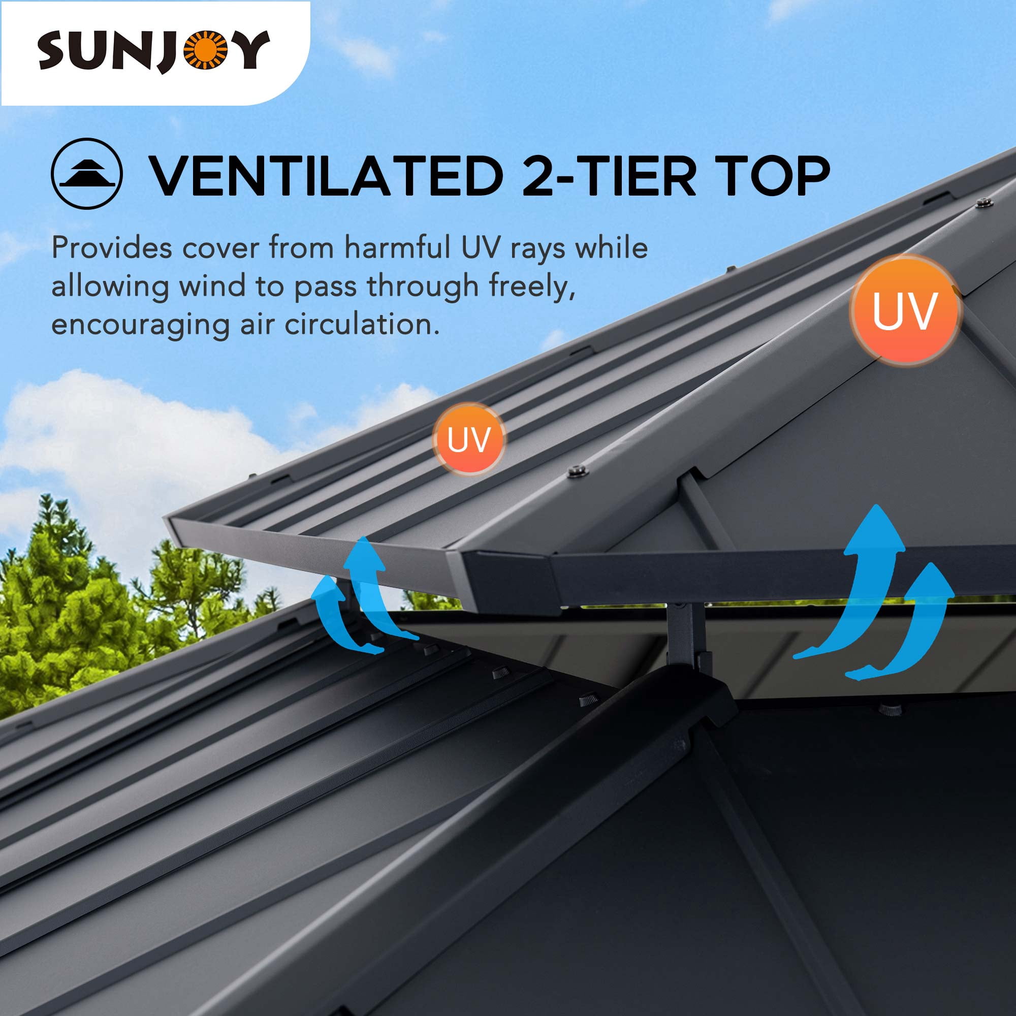 Sunjoy Gazebo à ossature en cèdre de 13 pi x 15 pi avec toit en arêtier à 2 niveaux en acier noir