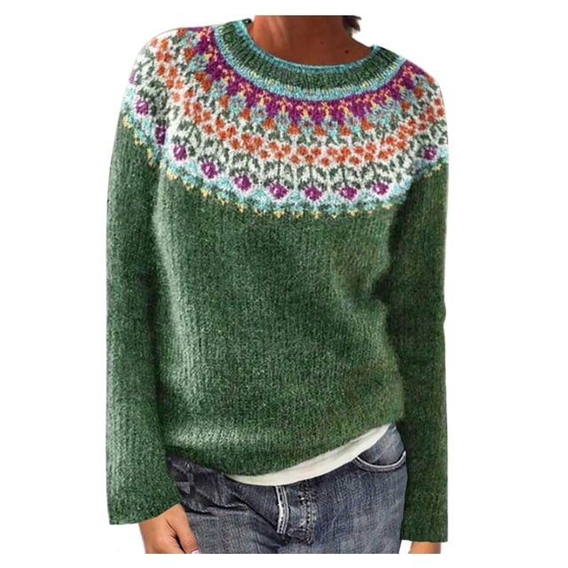 VKOYWKM Soldes de Liquidation Chandails Fair Isle pour Femmes Vintage Chandails Tricotés à Manches Longues Décontractés à Col Rond Chandails à Enfiler Hauts Automne Hiver Hauts de Saut
