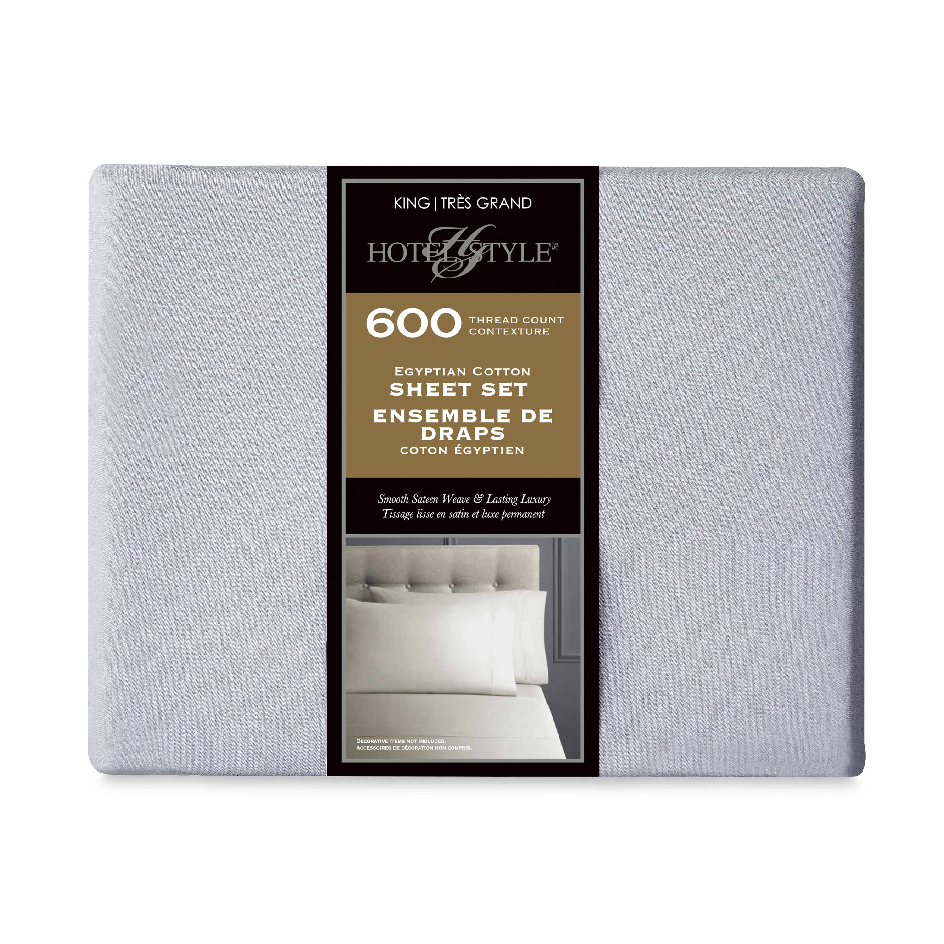 Ensemble de draps pour lit adulte en coton égyptien gris 600 contexture, 4 pièces, hotel style, grand lit - Poche profonde