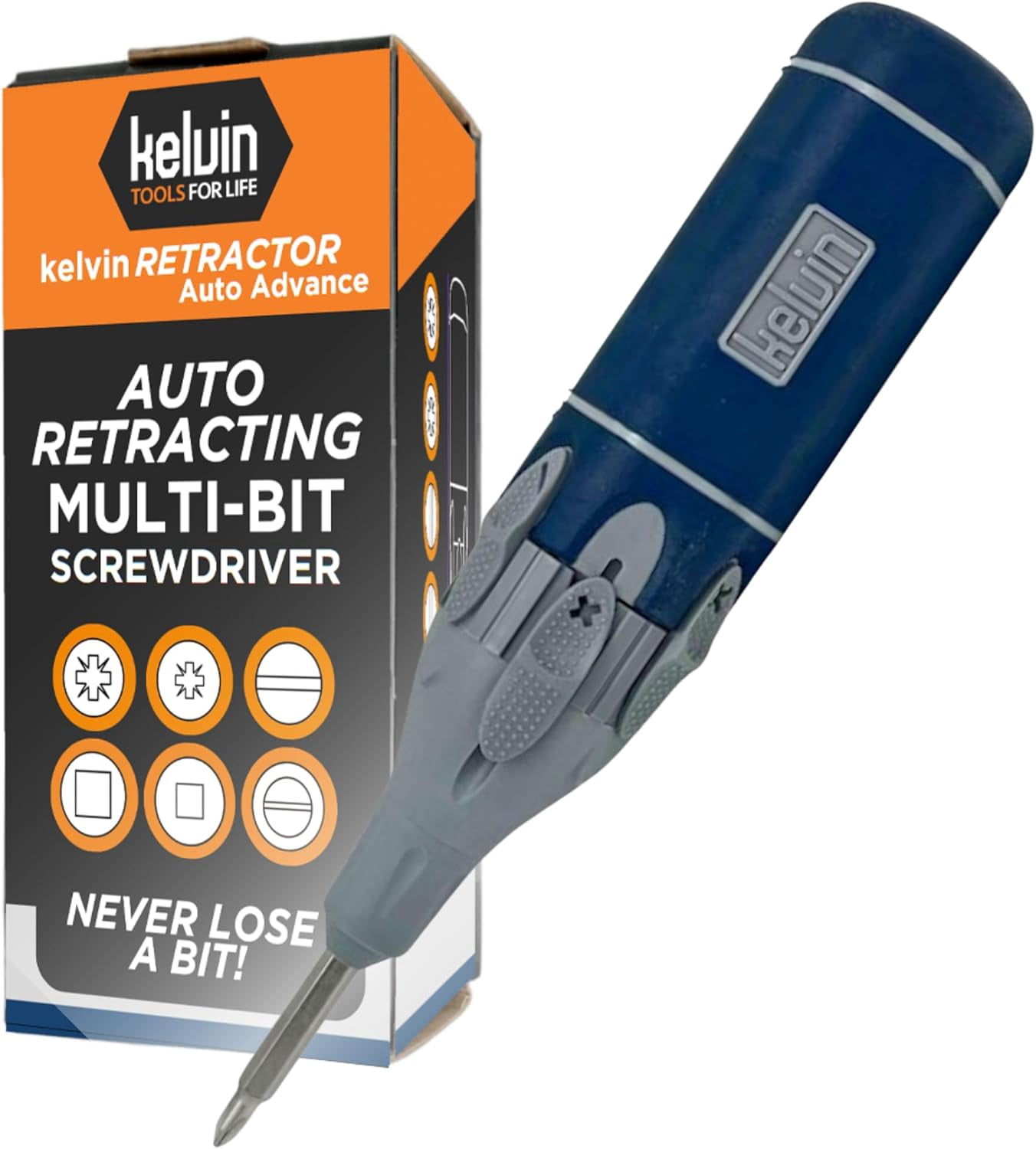 Kelvin Tools Retractor Auto Advance - Automatic Multi-Tool Screwdriver, Multi-Head Screwdriver All-in-one, Autoloader Multi-bit 6-in-1 Screwdriver, Multi-use Tools (Navy/Grey)