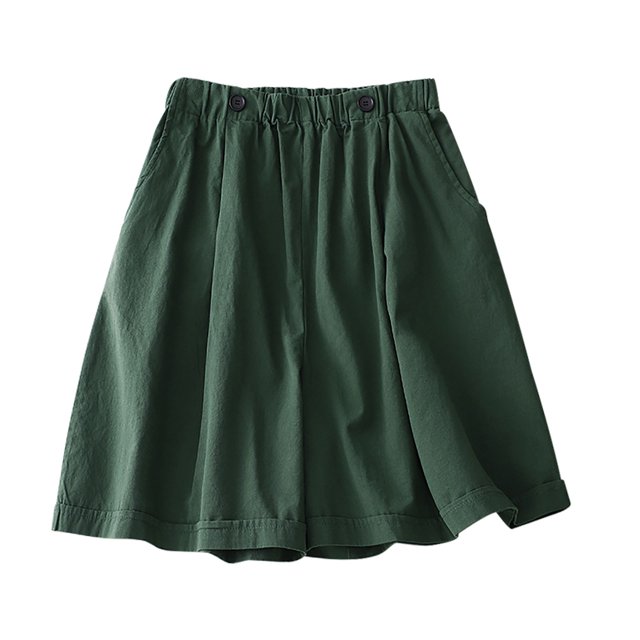 Timegard Shorts for Women Cotton Linen Elastic Waist Button Wide Leg Ruched Causal Loose Shorts Summer