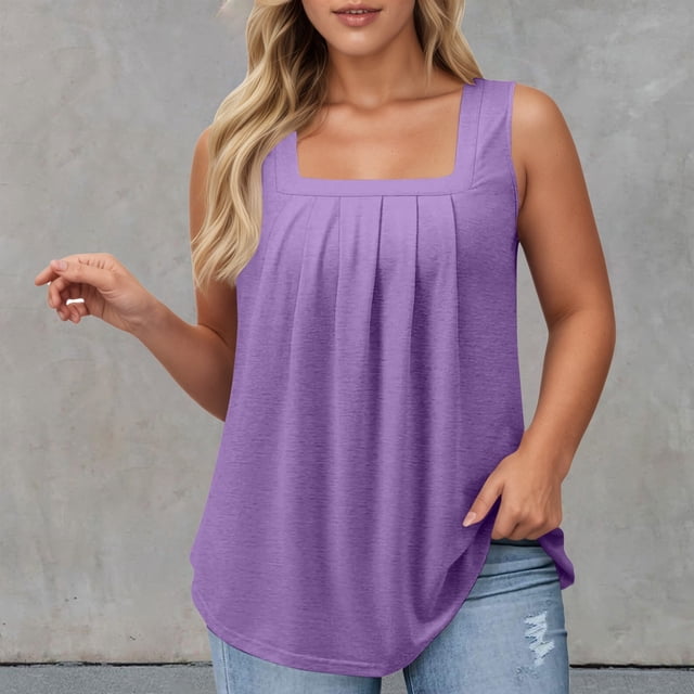 Women's Casual Square Neck Tank Top Pure Color Ruffle Detail Blouse for Spring Summer Daily Wear with Jeans Workout Set Fitted T Shirt Atmosphere Top Cleavage Cover plus Size Camisole Petite 3