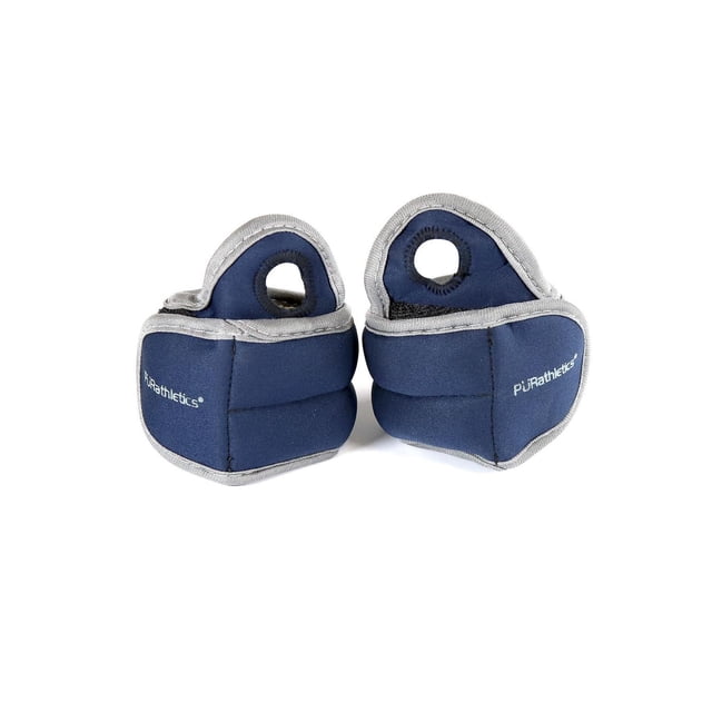 PurAthletics 2lb Wrist Weights with Thumb Loop in navy blue neoprene with grey trim, featuring padded weights with reinforced stitching and thumb holes for secure fit, ideal for strength training and resistance workouts.