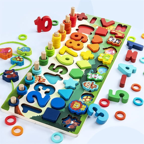 Jouets de Pêche en Bois pour Enfants Blocs d'Empilage de Chiffres Jouets Éducatifs Précoces pour Enfants Perles de Forêt Épaissies Plaque Logarithmique