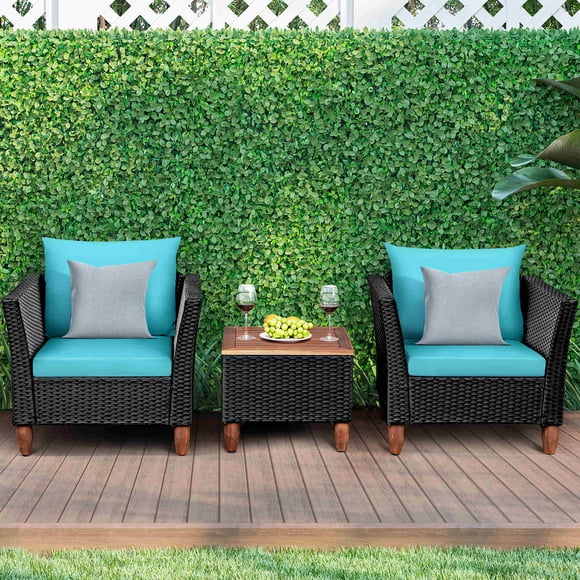 Costway Ensemble de Mobilier d'Extérieur en Rotin pour Patio 3 Pcs Table en Bois Canapé Coussiné Turquoise