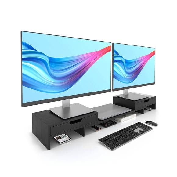 Epesoware Dual Monitor Riser with Two Drawers for Desk, Bamboo Monitor Stand Riser with Storage, Desk Shelf for Computer, IMac & Laptop, No Assembly
