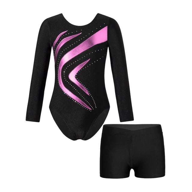 Loodgao Justaucorps de Danse et Gymnastique pour Filles Manches Longues Col Rond avec Short Rose 12