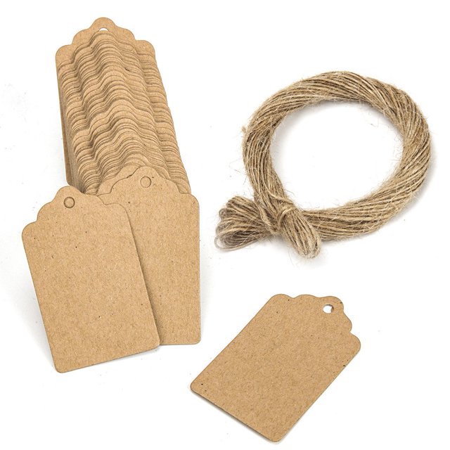 100pcs Brown Kraft Paper Gift Tags Wedding Scallop Label Blank Luggage + Strings