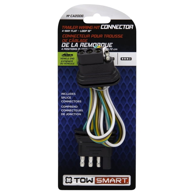 Trailer Wiring Kit - 4 Way Flat, 18" with Splice Connectors by TowSmart, featuring a black plastic 4-way flat connector with four color-coded wires looped between vehicle and trailer ends, designed for automotive electrical towing connections with corrosion resistance for harsh weather.