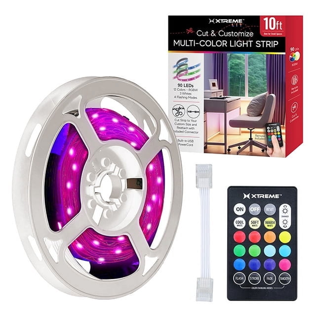 Xtreme Lit 10 ft Indoor LED Strip Lights Kit, Multicolor LED Lights for Bedroom, Accent Lighting, Cuttable, Remote Control
