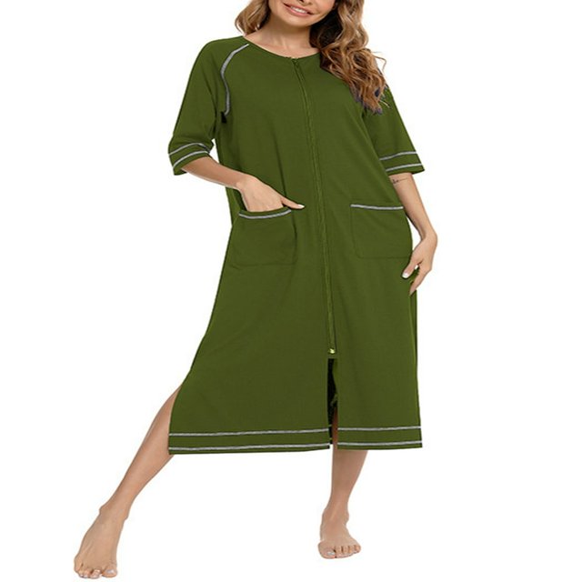 Robe Longue Fendue à Col Rond avec Fermeture Éclair pour Femmes Manches Courtes